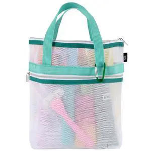 Mesh Shower Caddy, Shower Bag for Dorm Room Essentials, Gym Bag, Camping and More, Two Zippered Pockets, White and Teal, 10 Inches x 10 Inches Mesh Shower Caddy, Shower Bag for Dorm Room Essentials, Gym Bag, Camping and More, Two Zippered Pockets, White and Teal, 10 Inches x 10 Inches