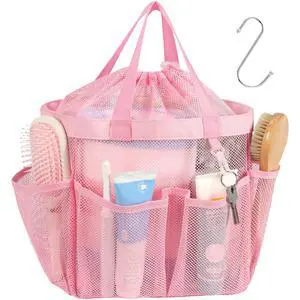 Mesh Shower Caddy Portable with Drawstring - Large 8 Pockets Dorm Room Essentials for Guys Girls with S Hook, Shower Bag Basket Tote for College Camping Gym Travel Toiletry Bathroom, Pink Mesh Shower Caddy Portable with Drawstring - Large 8 Pockets Dorm Room Essentials for Guys Girls with S Hook, Shower Bag Basket Tote for College Camping Gym Travel Toiletry Bathroom, Pink