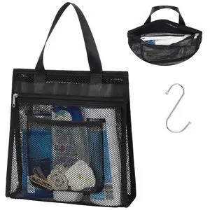 Mesh Shower Caddy Portable Hanging - 3 Pockets Small Shower Bag Tote with Zipper Closure for Camping, Gym Lockers, Travel, Toiletry, Quick Dry Bathroom Essentials with S Hook, Black Mesh Shower Caddy Portable Hanging - 3 Pockets Small Shower Bag Tote with Zipper Closure for Camping, Gym Lockers, Travel, Toiletry, Quick Dry Bathroom Essentials with S Hook, Black
