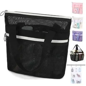 Mesh Shower Bag with 2 Zipper Pockets & Dual Handles, Quick-Drying Hanging Shower Caddy for College Essentials,Sunscreen,Dorm, Gym, Travel & Camping, Black Mesh Shower Bag with 2 Zipper Pockets & Dual Handles, Quick-Drying Hanging Shower Caddy for College Essentials,Sunscreen,Dorm, Gym, Travel & Camping, Black