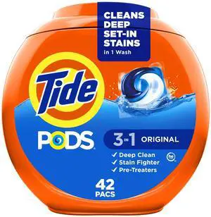 PODS laundry detergent pacs, 3-in-1 Stain Remover, Odor Fighter, Color Protector, 42 Count, HE compatible, Original Scent PODS laundry detergent pacs, 3-in-1 Stain Remover, Odor Fighter, Color Protector, 42 Count, HE compatible, Original Scent