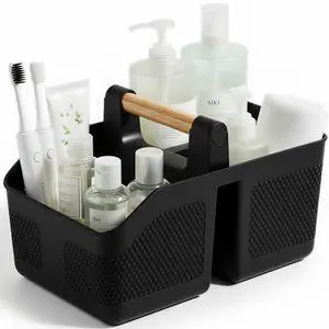 Shower Caddy Portable with Bamboo Handle, Plastic Basket Cleaning Caddy Organizer Storage Tote for Bathroom, College, Dorm Room Essentials, Black Shower Caddy Portable with Bamboo Handle, Plastic Basket Cleaning Caddy Organizer Storage Tote for Bathroom, College, Dorm Room Essentials, Black