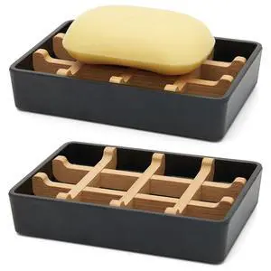 Bamboo Soap Dishes for Shower with Drainage Wooden Soap Bar Holder for Bathroom Soap Tray Easy to Clean, Durable and with Non-Slip Pads(Single Black Square) Bamboo Soap Dishes for Shower with Drainage Wooden Soap Bar Holder for Bathroom Soap Tray Easy to Clean, Durable and with Non-Slip Pads(Single Black Square)