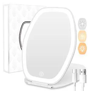 Travel Makeup Mirror with Light: 3 Color Lighting Portable Mirror with Touch Screen Rechargeable Adjustable LED Lights Hexagon Vanity Mirror for Travel, Desk, Home(White) Travel Makeup Mirror with Light: 3 Color Lighting Portable Mirror with Touch Screen Rechargeable Adjustable LED Lights Hexagon Vanity Mirror for Travel, Desk, Home(White)