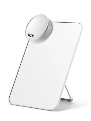 Desk Makeup Mirror with 10X Magnifying Mirror, 8 x 5 inches Small Travel Mirror with Foldable Stand and Hanging Hole for Shaving and Travelling, White Desk Makeup Mirror with 10X Magnifying Mirror, 8 x 5 inches Small Travel Mirror with Foldable Stand and Hanging Hole for Shaving and Travelling, White