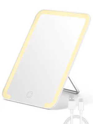 Lighted Travel Makeup Mirror, 8 x 5 inches Desk Mirror with Foldable Stand and 3 Lighting Modes for Shaving and Travelling, White Lighted Travel Makeup Mirror, 8 x 5 inches Desk Mirror with Foldable Stand and 3 Lighting Modes for Shaving and Travelling, White