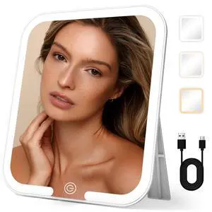 Travel Makeup Mirror with Light, Large Lighted Makeup Mirror 9.2x8inch Tabletop Vanity Mirror with Lights, Rechargeable Desktop Cosmetic Mirror with 360° Rotatable Stand, 3 Color Lights Travel Makeup Mirror with Light, Large Lighted Makeup Mirror 9.2x8inch Tabletop Vanity Mirror with Lights, Rechargeable Desktop Cosmetic Mirror with 360° Rotatable Stand, 3 Color Lights