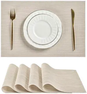 Beige White Placemats Set of 4 - Heat Resistant Non-Slip Place mats for Dining Table, Washable Durable PVC Vinyl Woven Table Mats(Beige White, 4) Beige White Placemats Set of 4 - Heat Resistant Non-Slip Place mats for Dining Table, Washable Durable PVC Vinyl Woven Table Mats(Beige White, 4)