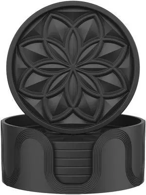 Silicone Coasters Set with Holder - 6 Pack Drink Coasters for Coffee Table, Bar, Desk - Tabletop Protection Gift - Black Silicone Coasters Set with Holder - 6 Pack Drink Coasters for Coffee Table, Bar, Desk - Tabletop Protection Gift - Black