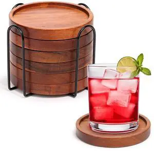 Wooden Coasters Set of 6 with Holder, Acacia Wood Drink Coasters for Farmhouse, Patio, Bar Decoration Wooden Coasters Set of 6 with Holder, Acacia Wood Drink Coasters for Farmhouse, Patio, Bar Decoration