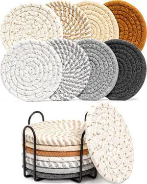 8 Pcs Drink Coasters with Holder, 8 Colors Absorbent Coasters for Drinks Minimalist Cup Coasters Cotton Coaster Set Woven Coasters for Coffee Table Home Decor Bar Housewarming Gift, 4.3 Inch 8 Pcs Drink Coasters with Holder, 8 Colors Absorbent Coasters for Drinks Minimalist Cup Coasters Cotton Coaster Set Woven Coasters for Coffee Table Home Decor Bar Housewarming Gift, 4.3 Inch