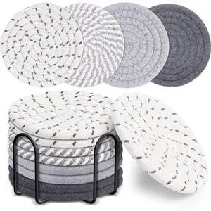 8 Pcs Drink Coasters with Holder, 4 Colors Absorbent Coasters, Minimalist Cotton Woven Coaster Set for Living Room Decor, Tabletop Protection Suitable for Kinds of Cups, 4.3 Inches 8 Pcs Drink Coasters with Holder, 4 Colors Absorbent Coasters, Minimalist Cotton Woven Coaster Set for Living Room Decor, Tabletop Protection Suitable for Kinds of Cups, 4.3 Inches