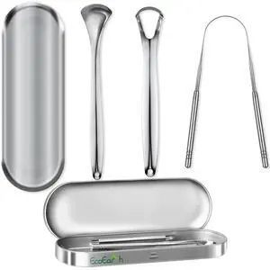 Scraper for Adults - 3 Pcs Metal Tongue Cleaner with Silver Storage Case - Tough Stainless Steel Mouth Scrubber for Fresh Breath & Oral Hygiene - by EcoEarth Scraper for Adults - 3 Pcs Metal Tongue Cleaner with Silver Storage Case - Tough Stainless Steel Mouth Scrubber for Fresh Breath & Oral Hygiene - by EcoEarth