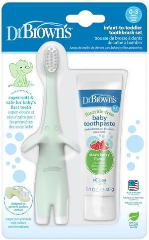 Infant-to-Toddler Training Toothbrush Set, Mint Elephant with Fluoride-Free Strawberry Baby Toothpaste, 0-3 years Infant-to-Toddler Training Toothbrush Set, Mint Elephant with Fluoride-Free Strawberry Baby Toothpaste, 0-3 years