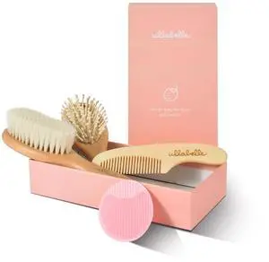 4 Piece Wooden Baby Hair Brush and Comb Set for Newborns & Toddlers in Chic Gift Box - Ultra Soft Natural Goat Hair and Wood Baby Brush Set Prevents Cradle Cap - Perfect Registry Gift (Pink) 4 Piece Wooden Baby Hair Brush and Comb Set for Newborns & Toddlers in Chic Gift Box - Ultra Soft Natural Goat Hair and Wood Baby Brush Set Prevents Cradle Cap - Perfect Registry Gift (Pink)