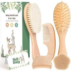 5 Piece Baby Hair Brush Set, Wooden Baby Brush and Comb Set with Natural Soft Goat Hair Bristles, Cradle Cap Brush, Baby Essentials Grooming Kit for Boy Girl 5 Piece Baby Hair Brush Set, Wooden Baby Brush and Comb Set with Natural Soft Goat Hair Bristles, Cradle Cap Brush, Baby Essentials Grooming Kit for Boy Girl