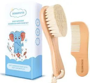 Baby Hair Brush and Comb Set, Wooden Baby Hair brush with Soft Goat Bristle and Wood Comb for Newborn Essentials, Good for Cradle Cap Baby Hair Brush and Comb Set, Wooden Baby Hair brush with Soft Goat Bristle and Wood Comb for Newborn Essentials, Good for Cradle Cap