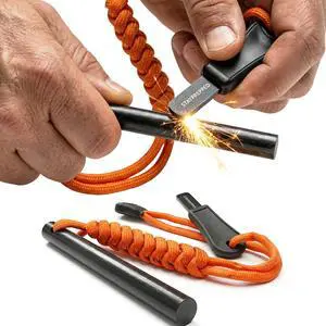 4 Inch Survival Ferrocerium Drilled Flint Waterproof High Spark Fire Starter | Ferro Rod Kit with Orange Paracord Landyard Handle and SS Striker 4 Inch Survival Ferrocerium Drilled Flint Waterproof High Spark Fire Starter | Ferro Rod Kit with Orange Paracord Landyard Handle and SS Striker