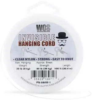 Invisible Hanging Cord Clear Nylon String for Decorations, Heavy Duty Transparent Hanging Wire Supports Up to 20 lb Picture Weight, 80 lb Break Strength, 100 ft Clear Cord for Frames, Displays & Décor Invisible Hanging Cord Clear Nylon String for Decorations, Heavy Duty Transparent Hanging Wire Supports Up to 20 lb Picture Weight, 80 lb Break Strength, 100 ft Clear Cord for Frames, Displays & Décor