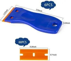 Plastic Razor Blade Scraper Tool, 6 Pcs Razor Scraper with 60 Pcs Plastic Blades, Cleaning Scraper Remover for Removal Floor Stove Scraping Labels and Decals Sticker on Car Window Glass Plastic Razor Blade Scraper Tool, 6 Pcs Razor Scraper with 60 Pcs Plastic Blades, Cleaning Scraper Remover for Removal Floor Stove Scraping Labels and Decals Sticker on Car Window Glass