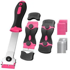 3 Pack Razor Blade Scraper Set, Includes 30 Plastic & 30 Metal Blades, Multi-Purpose Tool for Glass, Cooktop, Sticker Removal, Paint & Gum Cleaning (Pink) 3 Pack Razor Blade Scraper Set, Includes 30 Plastic & 30 Metal Blades, Multi-Purpose Tool for Glass, Cooktop, Sticker Removal, Paint & Gum Cleaning (Pink)