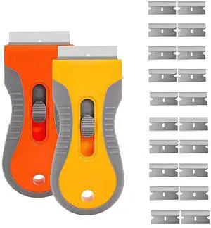 Retractable Razor Blade Scraper Tool, 2 Pack with 20 Extra Replacement Blades, Safety Lock Paint Scraper for Removing Stickers, Labels, Paint from Glass, Windows, Stovetop, Ceramic Surfaces Retractable Razor Blade Scraper Tool, 2 Pack with 20 Extra Replacement Blades, Safety Lock Paint Scraper for Removing Stickers, Labels, Paint from Glass, Windows, Stovetop, Ceramic Surfaces