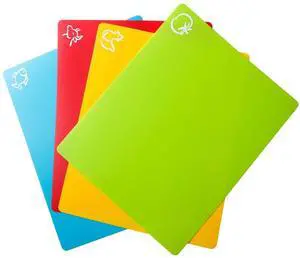 Flexible Plastic Cutting Board Mats, Colored Mats With Food Icons, Gripped Back, Cutting board Set of 4 (1) Flexible Plastic Cutting Board Mats, Colored Mats With Food Icons, Gripped Back, Cutting board Set of 4 (1)