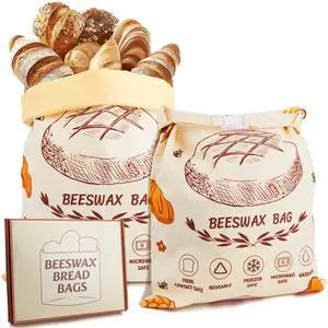 Beeswax Bread Bags for Homemade Bread, 2pcs Reusable Cotton Bread Bags, 17''x13'' Sourdough Storage, Large Reusable Bread Bag, Eco-Friendly Loaf Guard Beeswax Bread Bags for Homemade Bread, 2pcs Reusable Cotton Bread Bags, 17''x13'' Sourdough Storage, Large Reusable Bread Bag, Eco-Friendly Loaf Guard