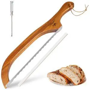 Wooden Bread Bow Knife, 16" Serrated Sourdough Cutter, Premium Stainless Steel Serrated Saw Bread Cutter, Bread Slicer, Bagel Slicer Knife for Homemade Bread, Bagels, Baguettes, Rustic Loaves Wooden Bread Bow Knife, 16" Serrated Sourdough Cutter, Premium Stainless Steel Serrated Saw Bread Cutter, Bread Slicer, Bagel Slicer Knife for Homemade Bread, Bagels, Baguettes, Rustic Loaves