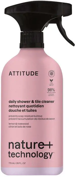 ATTITUDE Shower & Tile Cleaner Spray, EWG Verified, Bathroom Cleaner Removes Soap Scum & Grime, Plant-Based & Vegan, Lemon & Rosewood Scent, 26 Fl Oz ATTITUDE Shower & Tile Cleaner Spray, EWG Verified, Bathroom Cleaner Removes Soap Scum & Grime, Plant-Based & Vegan, Lemon & Rosewood Scent, 26 Fl Oz