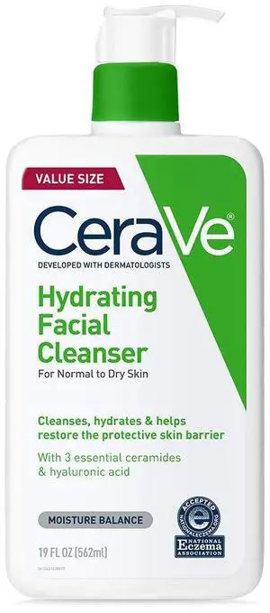 CeraVe Hydrating Facial Cleanser, Moisturizing Face Wash For Dry Skin, Hyaluronic Acid + Ceramides + Glycerin, Hydrating Cleanser For Normal To Dry Skin, National Eczema Association Certified, 19 Oz CeraVe Hydrating Facial Cleanser, Moisturizing Face Wash For Dry Skin, Hyaluronic Acid + Ceramides + Glycerin, Hydrating Cleanser For Normal To Dry Skin, National Eczema Association Certified, 19 Oz