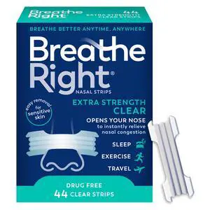 Breathe Right Nasal Strips | Extra Strength | Clear | for Sensitive Skin I Drug-Free Snoring Solution & Nasal Congestion Relief Caused by Colds & Allergies | 44 Count (Packaging May Vary) Breathe Right Nasal Strips | Extra Strength | Clear | for Sensitive Skin I Drug-Free Snoring Solution & Nasal Congestion Relief Caused by Colds & Allergies | 44 Count (Packaging May Vary)