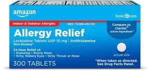 Amazon Basic Care Allergy Relief Loratadine Tablets 10 mg, 24-Hour Non-Drowsy Antihistamine for Runny Nose, Sneezing, Itchy Eyes, 300 Count (Packaging may vary) Amazon Basic Care Allergy Relief Loratadine Tablets 10 mg, 24-Hour Non-Drowsy Antihistamine for Runny Nose, Sneezing, Itchy Eyes, 300 Count (Packaging may vary)