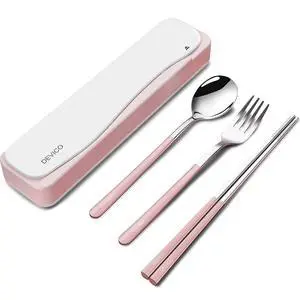 DEVICO Travel Utensils, 18/8 Stainless Steel 4pcs Cutlery Set Portable Camp Reusable Flatware Silverware, Include Fork Spoon Chopsticks with Case (Pink) DEVICO Travel Utensils, 18/8 Stainless Steel 4pcs Cutlery Set Portable Camp Reusable Flatware Silverware, Include Fork Spoon Chopsticks with Case (Pink)