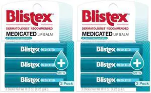 Blistex Medicated Lip Balm, 0.15 Ounce, Prevent Dryness & Chapping, SPF 15 Sun Protection, Seals in Moisture, Hydrating Lip Balm, Easy Glide Formula for Full Coverage, 3 Count, (Pack of 2) Blistex Medicated Lip Balm, 0.15 Ounce, Prevent Dryness & Chapping, SPF 15 Sun Protection, Seals in Moisture, Hydrating Lip Balm, Easy Glide Formula for Full Coverage, 3 Count, (Pack of 2)