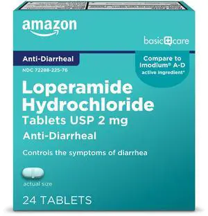 Amazon Basic Care Loperamide Hydrochloride Tablets, 2 mg, Anti-Diarrheal, 24 Count (Pack of 1) Amazon Basic Care Loperamide Hydrochloride Tablets, 2 mg, Anti-Diarrheal, 24 Count (Pack of 1)