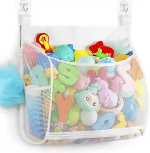 Ligereza Baby Mesh Bath Toy Organizer, Multiple Ways to Hang, Ultra Large Capacity & Large Opening, Bathroom Toy Holder, Bath Toy Storage Bag With 2 Side Pockets (White) Ligereza Baby Mesh Bath Toy Organizer, Multiple Ways to Hang, Ultra Large Capacity & Large Opening, Bathroom Toy Holder, Bath Toy Storage Bag With 2 Side Pockets (White)