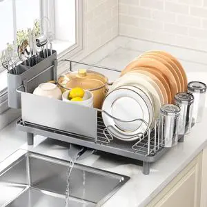 Stainless Steel Dish Drying Rack - Large Capacity Dish Rack for Kitchen Counter with Drain Board, Rustproof Dish Drainer with Auto Drain Spout Utensil Holder Glass Holder, Dinnerware Organizer, Gray Stainless Steel Dish Drying Rack - Large Capacity Dish Rack for Kitchen Counter with Drain Board, Rustproof Dish Drainer with Auto Drain Spout Utensil Holder Glass Holder, Dinnerware Organizer, Gray