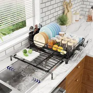 Dish Drying Rack - Expandable Dish Rack for Kitchen Counter, Large Capacity Dish Drainer, Stainless Steel Dish Strainer with Utensil & Cup Holders, Black Dish Drying Rack - Expandable Dish Rack for Kitchen Counter, Large Capacity Dish Drainer, Stainless Steel Dish Strainer with Utensil & Cup Holders, Black