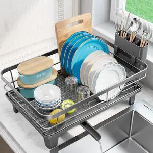 Dish Drying Rack for Kitchen Counter, Sink Dish Rack with Drainboard 12.2" W x 16.5" L, Large Dish Drainer with Cutlery Holder, Home Countertop Plate Dryer Storage Rack, Gray Dish Drying Rack for Kitchen Counter, Sink Dish Rack with Drainboard 12.2" W x 16.5" L, Large Dish Drainer with Cutlery Holder, Home Countertop Plate Dryer Storage Rack, Gray