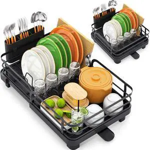 Dish Drying Rack, Expandable Dish Racks for Kitchen Counter, Stainless Steel Dish Drainer with Drainboard Set & Cutlery Holder, Rust-Proof, 13.7-20.5L x 12.8W, Black Dish Drying Rack, Expandable Dish Racks for Kitchen Counter, Stainless Steel Dish Drainer with Drainboard Set & Cutlery Holder, Rust-Proof, 13.7-20.5L x 12.8W, Black