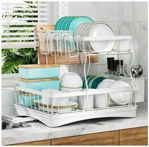 Large Dish Drying Rack, 2-Tier Dish Racks for Kitchen Counter, Detachable Large Capacity Dish Drainer Organizer with Utensil Holder, Dish Drying Rack with Drain Board, White Large Dish Drying Rack, 2-Tier Dish Racks for Kitchen Counter, Detachable Large Capacity Dish Drainer Organizer with Utensil Holder, Dish Drying Rack with Drain Board, White
