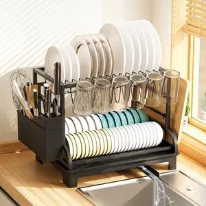 2-Tier Foldable Dish Drying Rack with Drainboard, Stainless Steel Large Capacity Kitchen Counter Organizer with Cup Holder, Utensil & Cutting Board Storage, No Assembly Required, Black 2-Tier Foldable Dish Drying Rack with Drainboard, Stainless Steel Large Capacity Kitchen Counter Organizer with Cup Holder, Utensil & Cutting Board Storage, No Assembly Required, Black