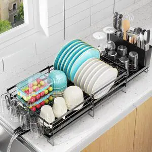Large Dish Drying Rack, Expandable Dish Rack for Kitchen Counter, Dish Drainer with Drainboard Set, Multifunctional Dishrack with Utensil & Cup Holder, 13.4"-28.7" L x 11.8" W x 7.8" H, Black Large Dish Drying Rack, Expandable Dish Rack for Kitchen Counter, Dish Drainer with Drainboard Set, Multifunctional Dishrack with Utensil & Cup Holder, 13.4"-28.7" L x 11.8" W x 7.8" H, Black