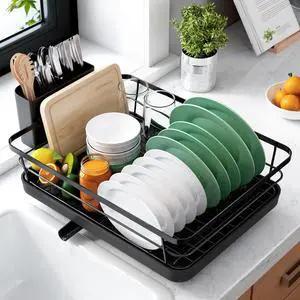 Dish Drying Rack for Kitchen Counter, Stainless Steel Sink Organization and Storage Essentials with Cutlery Holder, Home and Appartment Decor, 12''W x 15.5''L, Black Dish Drying Rack for Kitchen Counter, Stainless Steel Sink Organization and Storage Essentials with Cutlery Holder, Home and Appartment Decor, 12''W x 15.5''L, Black