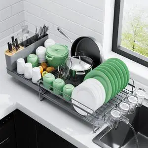 Extendable Dish Drying Rack, Large Drying Dish Rack with Cutlery & Cup Holders, Multifunctional Dish Racks for Counter with Drainage, 18.2"-25.7" L x 12.9" W, Grey Extendable Dish Drying Rack, Large Drying Dish Rack with Cutlery & Cup Holders, Multifunctional Dish Racks for Counter with Drainage, 18.2"-25.7" L x 12.9" W, Grey