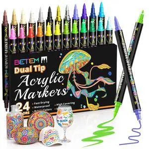 Betem Dual Tip Acrylic Paint Pens, 24 Colors Paint Markers for Glass, Window, Fabric, Wood, Rock, Canvas, Acrylic Markers with Fine & Brush Tip, Art & Craft Supplies, Teacher Appreciation Gift Betem Dual Tip Acrylic Paint Pens, 24 Colors Paint Markers for Glass, Window, Fabric, Wood, Rock, Canvas, Acrylic Markers with Fine & Brush Tip, Art & Craft Supplies, Teacher Appreciation Gift