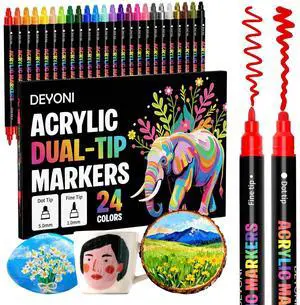 DEYONI 24 Colors Acrylic Paint Markers, Dual Tip Acrylic Paint Pens Markers for Rock, Fabric, Wood, Glass, Craft, Decoration, Adult DIY Crafts Art Supplies DEYONI 24 Colors Acrylic Paint Markers, Dual Tip Acrylic Paint Pens Markers for Rock, Fabric, Wood, Glass, Craft, Decoration, Adult DIY Crafts Art Supplies