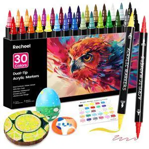 Recheel 30 Colors Acrylic Paint Markers, Dual Tip Fine and Brush Tips for Detailed Art, Crafting, Rock Painting, Wood, Glass, Ceramic, and More Recheel 30 Colors Acrylic Paint Markers, Dual Tip Fine and Brush Tips for Detailed Art, Crafting, Rock Painting, Wood, Glass, Ceramic, and More