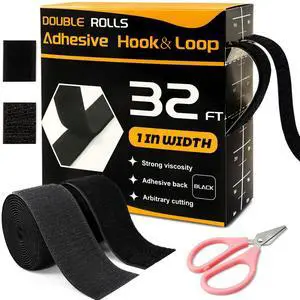 32 Ft × 1 Inch Hook and Loop Strips with Adhesive, 2 Rolls Black Self Sticky Double Sided Heavy Duty Strips, Sticky Back for Fabrics Nylon Adhesive Tape for Home Office School and Crafting 32 Ft × 1 Inch Hook and Loop Strips with Adhesive, 2 Rolls Black Self Sticky Double Sided Heavy Duty Strips, Sticky Back for Fabrics Nylon Adhesive Tape for Home Office School and Crafting